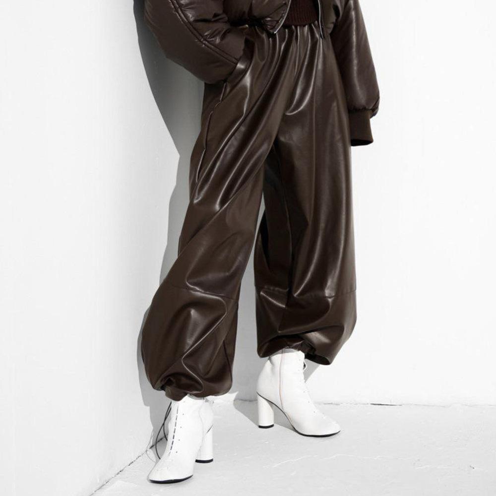 Schwarze Weite Hosen mit Knöchelmanschette Hohe Taille Elastische Taille PU-Lederhosen