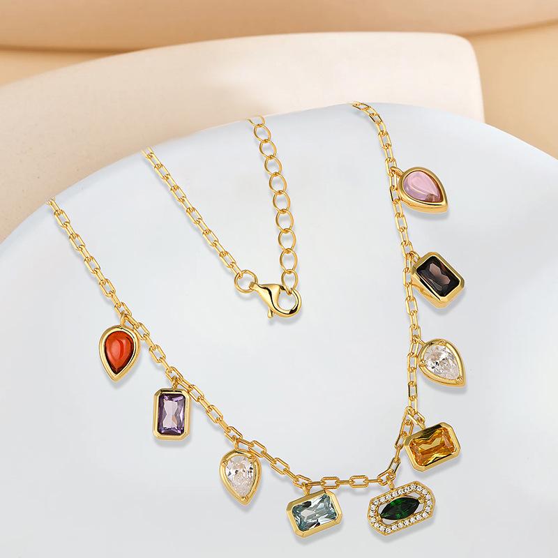 European & American Gold-Plated Copper Necklace with Colorful Zircon, Light Luxury High-End Jewelry