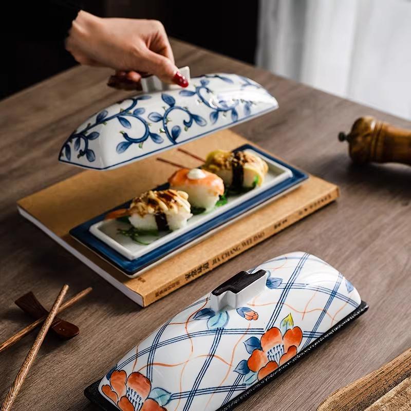 High-end Creative Japanese-style Premium Covered Rectangular Plate,unique Ceramic Sushi and Sashimi Plate for Restaurants Hotel