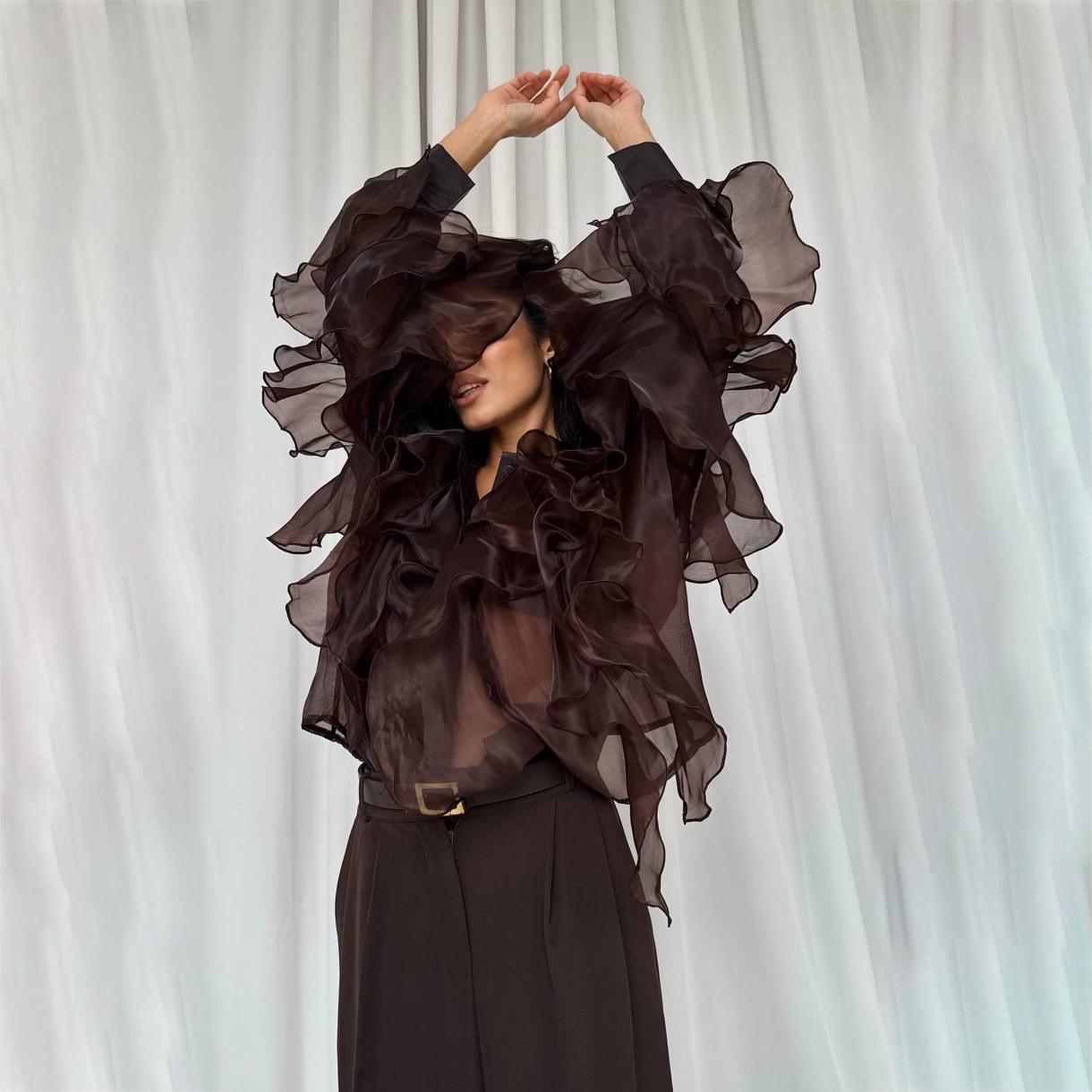

Женская ретро-рубашка из тюля с неровными оборками - Коллекция 2025 Medium темно-коричневого