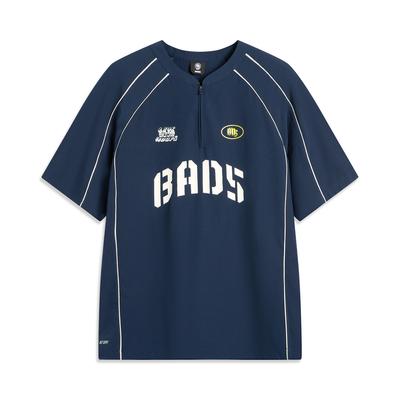 Li Ning Basketball Series Sport Casual Simple Striped Letter Print Loose Short Sleeve T-Shirt Men Tops Deep-Navy-Blue ATSV023-7