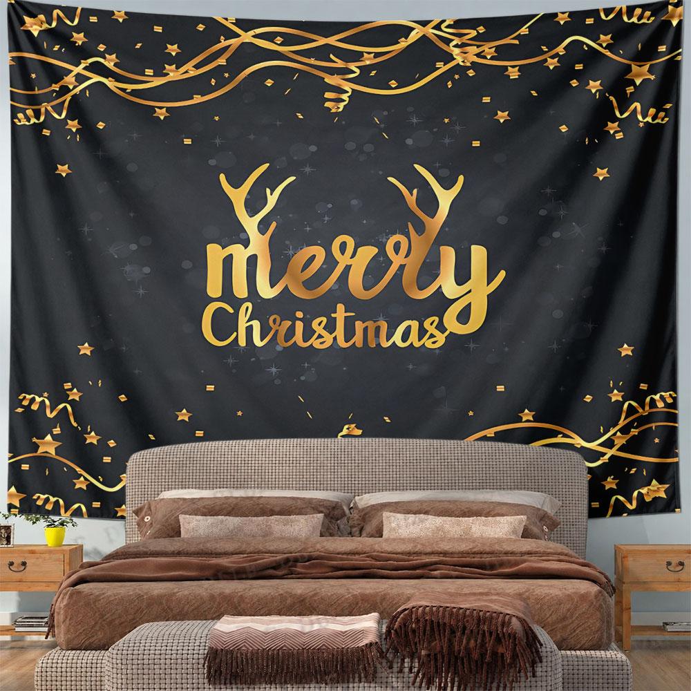 Gold Merry Christmas Black Tapestry Wall Hanging Elegant Holiday Home Decor for Living Room Bedroom Gift