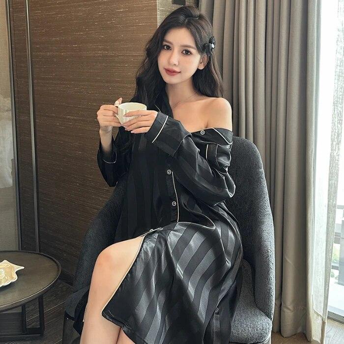 

4XL ночная рубашка с пятнами для женщин, весенне-летние ночные рубашки и рубашки с длинными рукавами, женская одежда для сна, рубашка на пуговицах, верхняя одежда, пижамы XXL чёрный