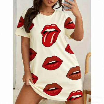 Sexy Tongue Print For Women Short Sleeve Sleepwear Dresses Loose Casual Fit Tee Nightwear Home Clothes Nightie Loungewear Dresses