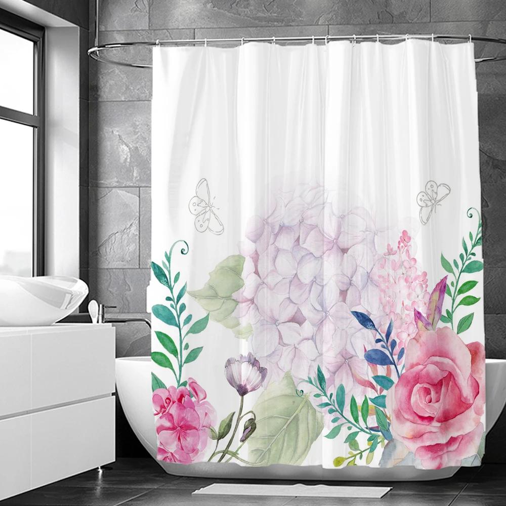 Flowers Butterfly Shower Curtain Fantasy Art Rose Floral Girls Waterproof Fabric Bathroom Curtain Room Decor Curtains With Hooks
