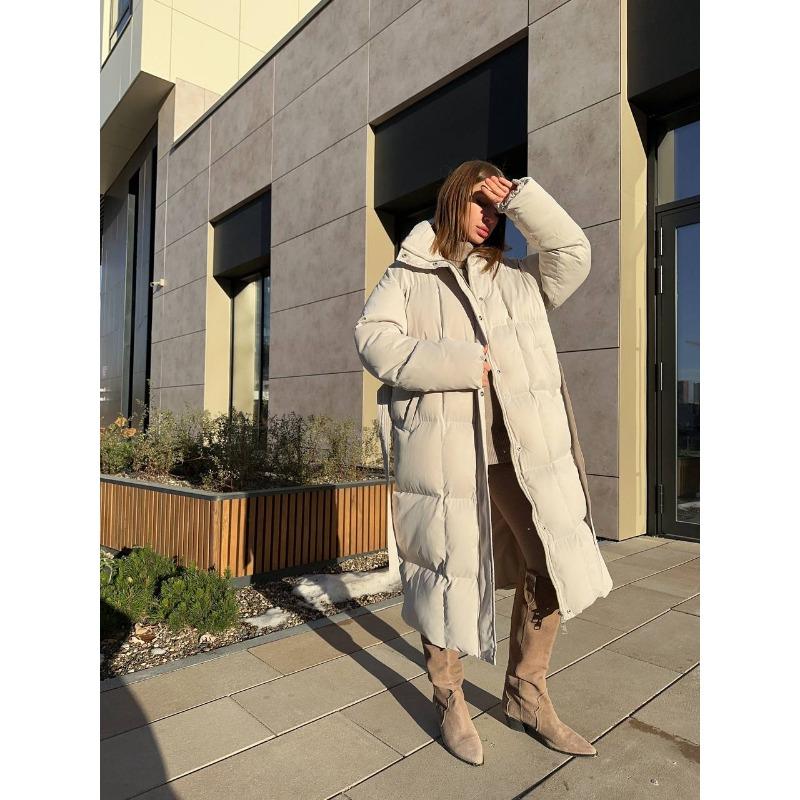 Women S Casual Waist Cinched Long Thick Warm Puffer Cotton Coat Brown