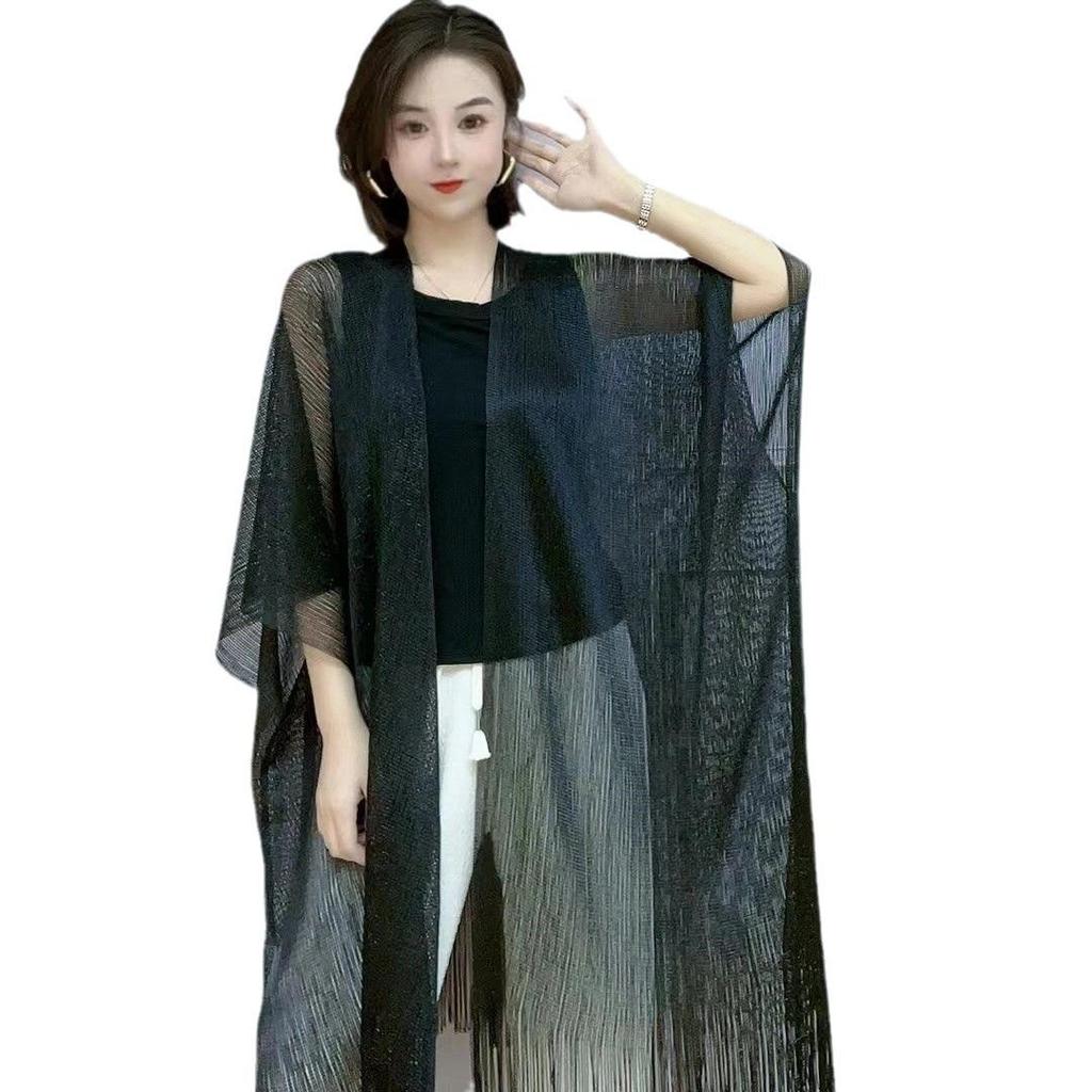 European-Style Women's Gold Thread Shawl: Thin, Evening Wear, Decorative Tassels, Hollow-Out Design, Silk Sun Protection Scarf