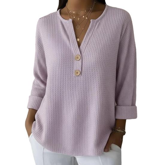 Damtoppar V-ringning Knappar Halvknäppning Långärmad Pullovertoppar Enfärgad Lös passform Våffelstruktur Mjuk Stretchig Vardagstoppar
