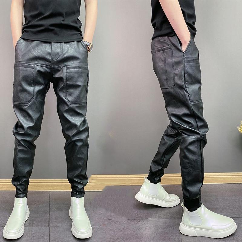 Men's Windproof & Waterproof PU Leather Pants - Trendy Korean Style, Six-Pocket, Cuffed, Solid Color Casual Trousers for Autumn & Winter.