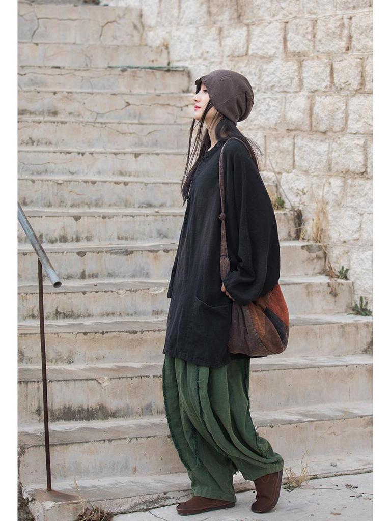 Ramie Cotton Sand-Washed Distressed Women’s Frog Button Top Jacket - Autumn/Winter Chinese Style