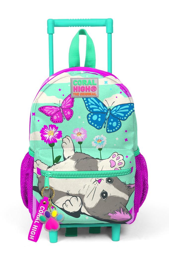 Minik Yuva Squeegee Backpack Water Green Pink Cat Pattern Two Compartments 24008