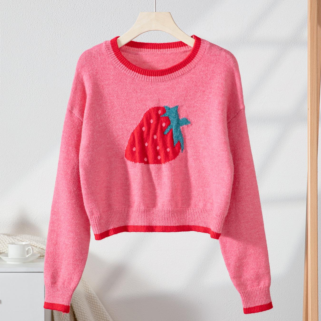 

Autumn Winter Strawberry Print Knitted Sweaters Long Sleeve Loose Jumper Crop Tops Women Sweater Pullover Ladies Casual Shirts XL