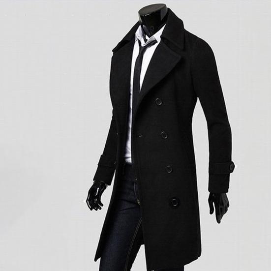 Long Trench Coat Double-breasted Solid Color Autumn Winter Windproof Thick Jacket for Daily Wear