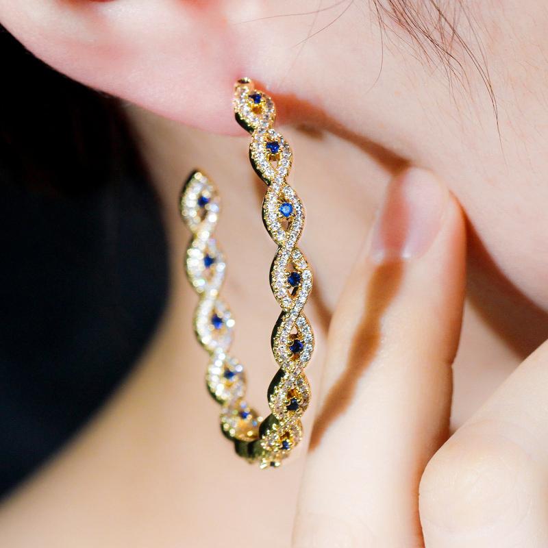 WWJ Glitter Green Zircon Circle Hoop Earrings Golden Color Jewelry