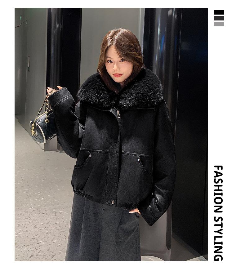 Women's Autumn Winter PU Leather Jacket, Quilted Lining Thickened Warm Cold-proof Detachable Big Faux Fur Collar Leather Coat