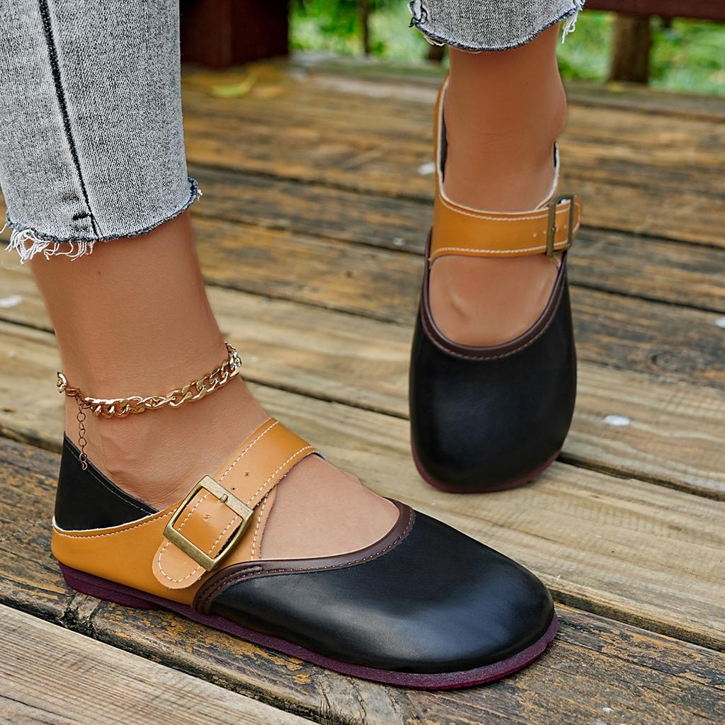 Außenhandel Retro Rundkopf Farbabstimmung Große Schnalle Weiche Sohle Bequeme Einzelne Schuhe Herbst Flacher Boden Lässig Leichte Mund Einzelne Schuhe