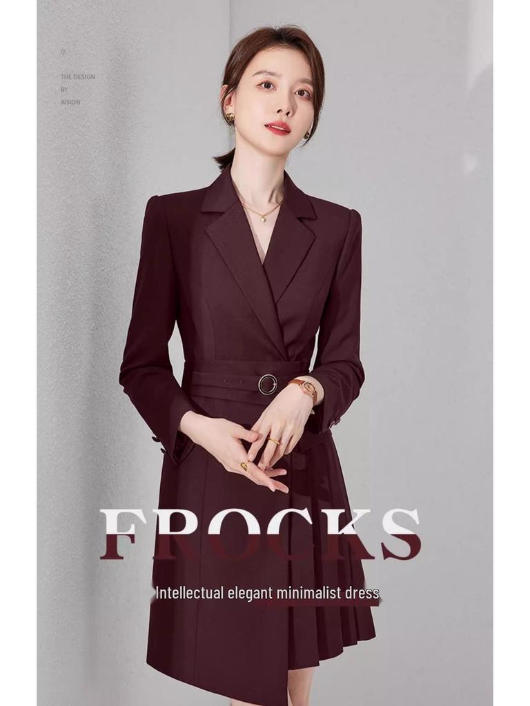 Spring & Autumn Professional Red Pleated Tie-Waist Mid-Length Women's Dress