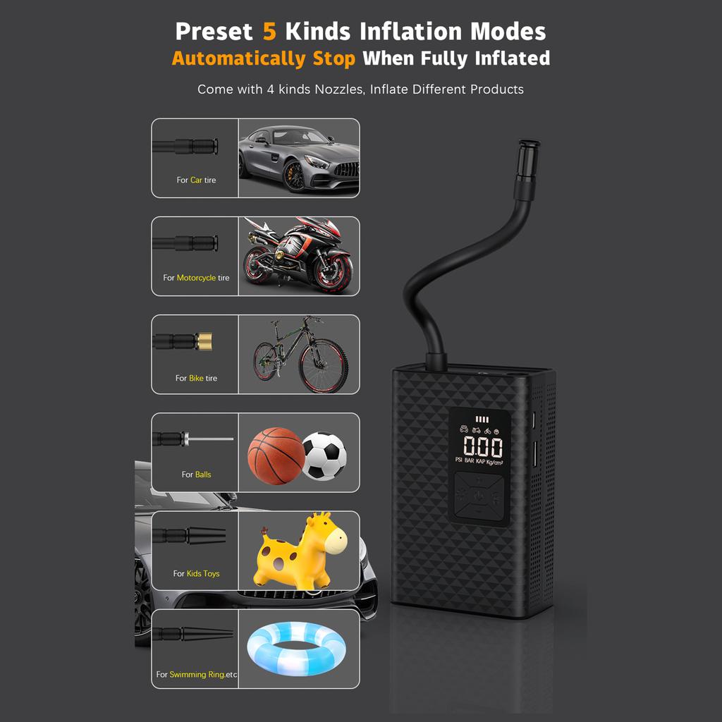 Gonfiatore Digitale Portatile Per Pneumatici – Display LCD, Luci LED, Compressore 2,5 Bar, Con Ugelli