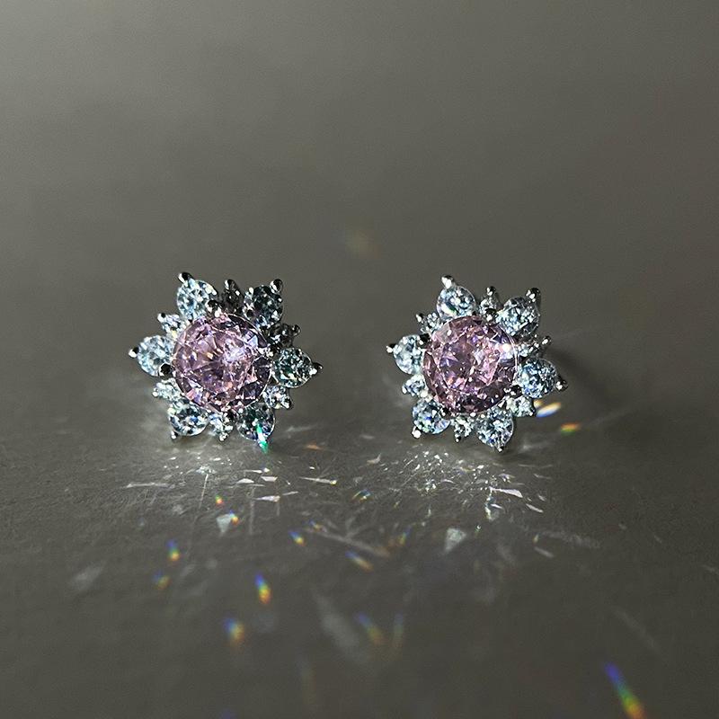 925 Sterling Silver Snowflake Earrings with Diamonds and Pink Zircon - Elegant Women's Christmas Gift