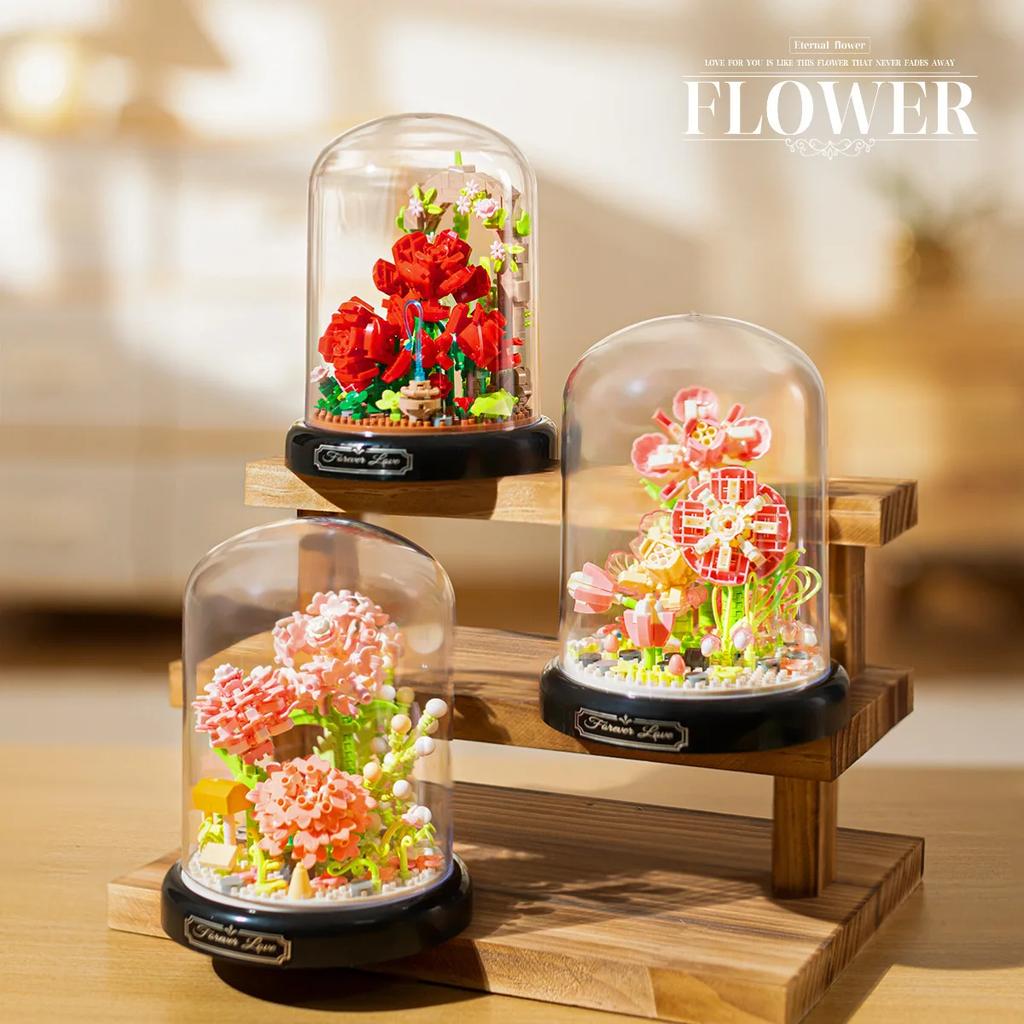 Creative Eternal Flower Mini Building Block Toys for Children DIY Blocks Brick Flowers Pot Cactus Rose Design Assembly Toy Gifts
