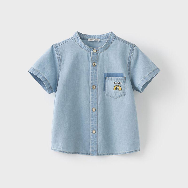 David Bella Medium and Large Children s Denim Shirt 2026 Summer New Style Boys  Short-Sleeved Thin Casual Shirt Pure Cotton Denim Blue [Ready in Stock] 150