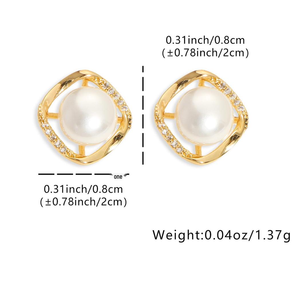 LNCHRAN Gold Rhombus Frame Faux Pearl & Zirconia Stud Earrings
