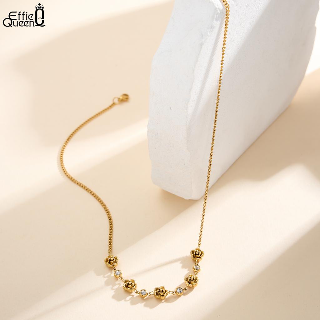 EFFIE QUEEN Stainless Steel 18k Gold & Zirconia Flower Chain Choker Necklace Romantic Jewelry for Women, Men Banquet Gift STKN10