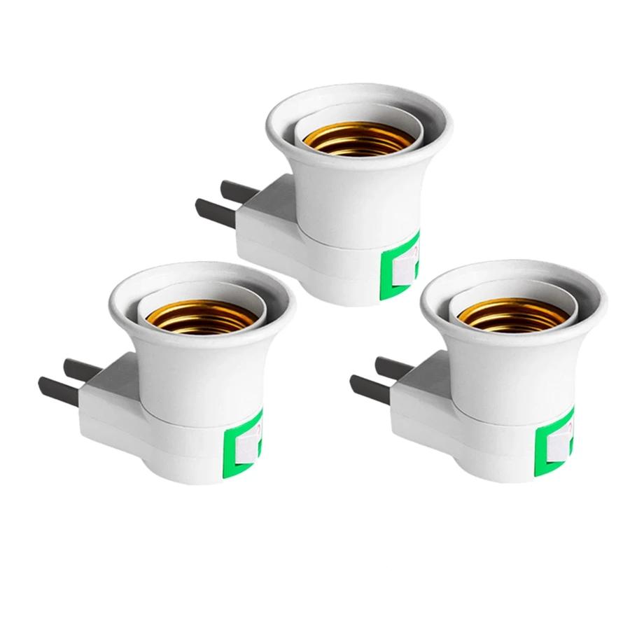 3PCS Practical White E27 LED Light Socket To EU Plug/US Plug Holder Adapter Converter ON/OFF for Bulb Lamp