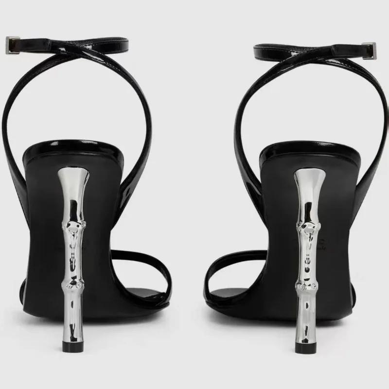 Mode Schwarz Runde Zehe Knöchelschnalle Hochhackige Sandalen Damen Hochwertiges Lackleder Markendesigner Schuhe Elegante Partykleidschuhe