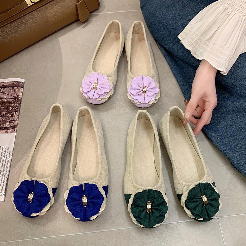 Women's Plus Size Bow Flower Color-block Square-toe Flat Shoes