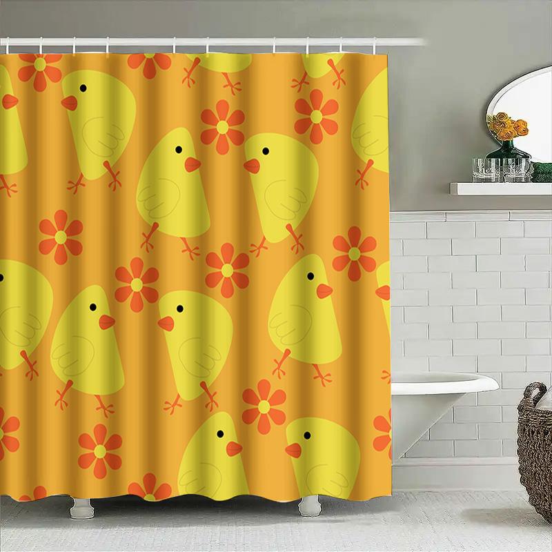 Cute Chicken Flower Shower Curtain Home Decor Bathroom Rug Waterproof Washable Printing Bath Accessories