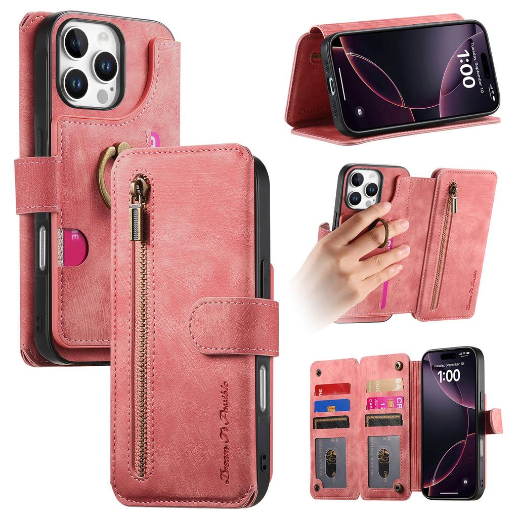 Luxury Zipper Cards Solt Wallet Leather Flip Case For iPhone 16 Pro Max 15 Plus 14 13 12 11 Ring Holder Purse Bag Cover Fundas