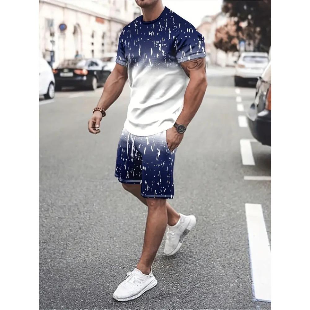 Men's Summer Sports Plus Size 2-piece Set Striped Design Loose Breathable Fashionable Colorful 3D Print Sports Wear