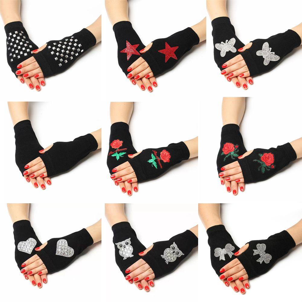 Rhinestone Wool Knitted Half Finger Computer Mittens Warm Gloves Fingerless Gloves
