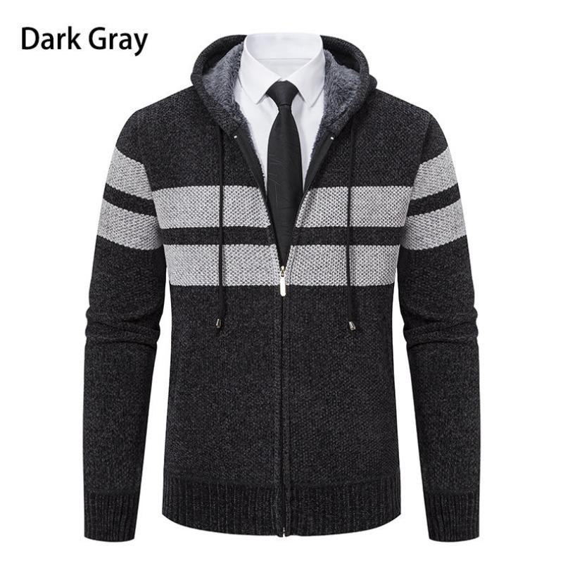 Men's Fall Winter New Fleece Lined Thick Hooded Knit Cardigan, Casual Sweater Outerwear