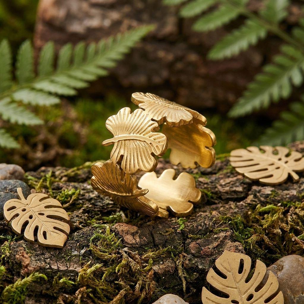 INSSGG Elegant Maple Leaf Adjustable Ring: Textured Hollow Tree Leaf Design