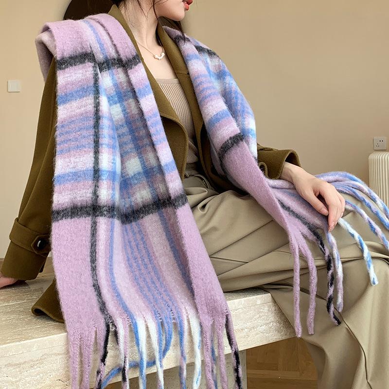 Winter New Scarf Women's Winter Thickened Warm Scarf Colored Plaid Fringed Scarf Shawl Fashionable Outer Cover