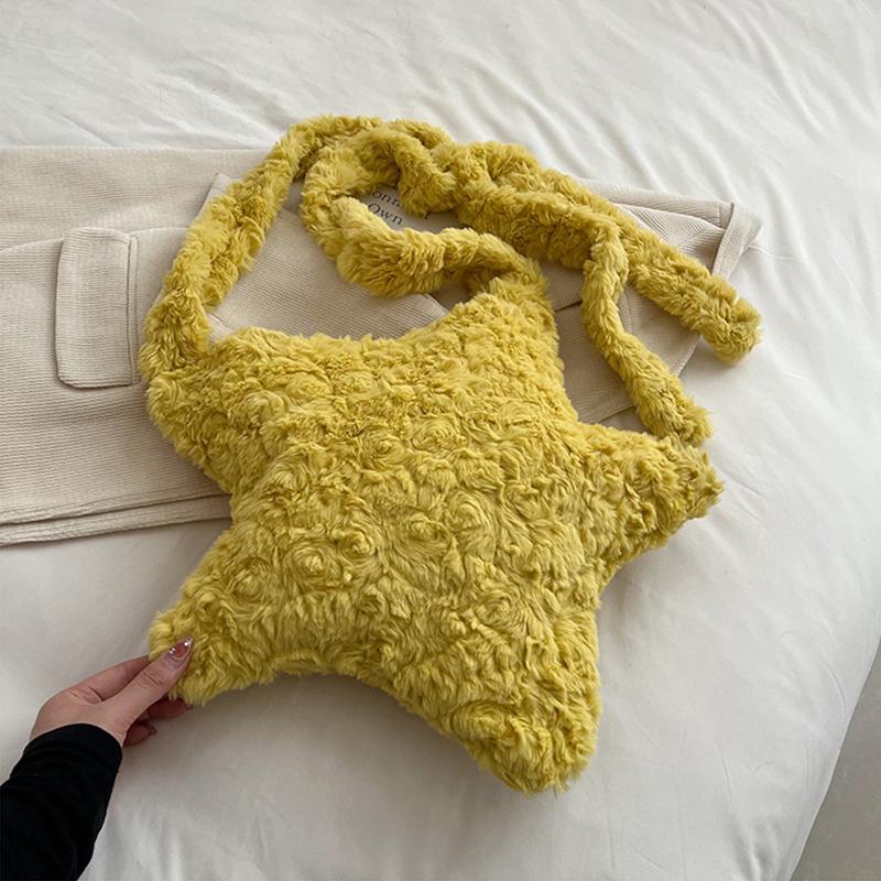 

Милые женские сумки через плечо из мягкого плюша со звездами, большая вместимость, женская сумка-мессенджер с пушистой пентаграммой, зимние пушистые женские сумки 36x39cm жёлтый