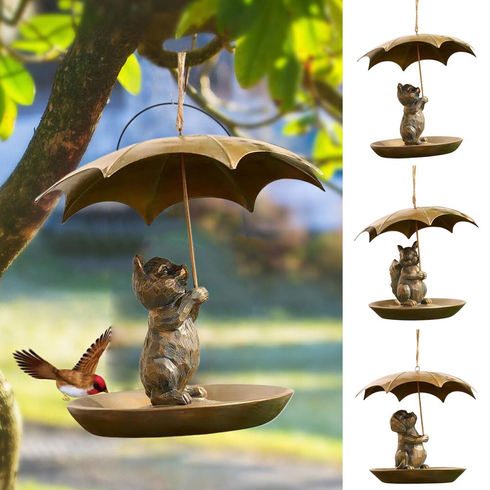 Metal Hummingbird Bird Feeder with Umbrella Cute Squirrel/Cat/Dog Holding Umbrella Design Bird Feeder for Garden Yard Decoration