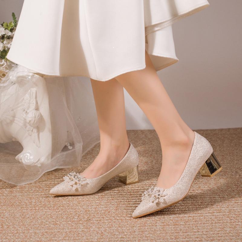 Fashion Low-heeled Temperament Single Shoes for Women 2025 Spring and Autumn Thick Heel Soft Sole Pointed Toe Shallow Mouth