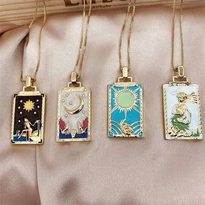 Vintage Bunte Tarotkarten Halsketten für Frauen Mann Malerei Sonne Mond Anhänger Kreative Schmuck Geschenke