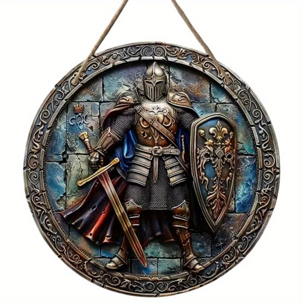 

1 шт. 2d плоский винтажный средневековый рыцарский художественный знак - 20 см круглый деревянный, бар кафе крыльцо гостиная спальня домашний декор, деревенский стиль креативный настенный декор 20cm*20cm