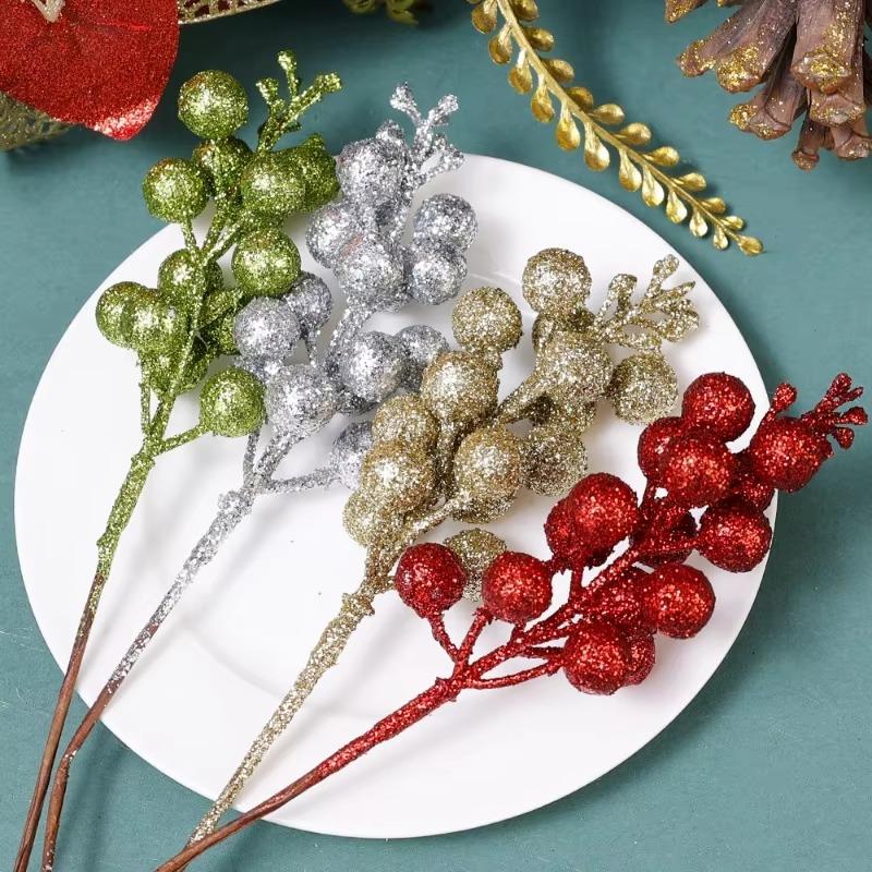 New Glitter Berries Branches Christmas Artificial Gold Powder Holly Berry Branch Xmas Party Fake Flowers Ornaments Home Decor