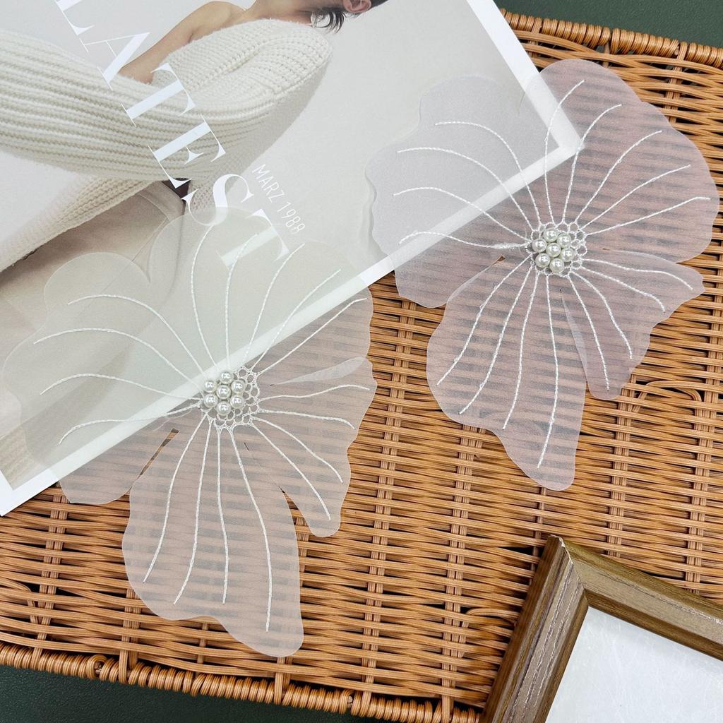 White Organza Patch Big Flower Handmade Diy Clothing Decoration Accessories Embroidery Corsage Cloth Sticker With Beads