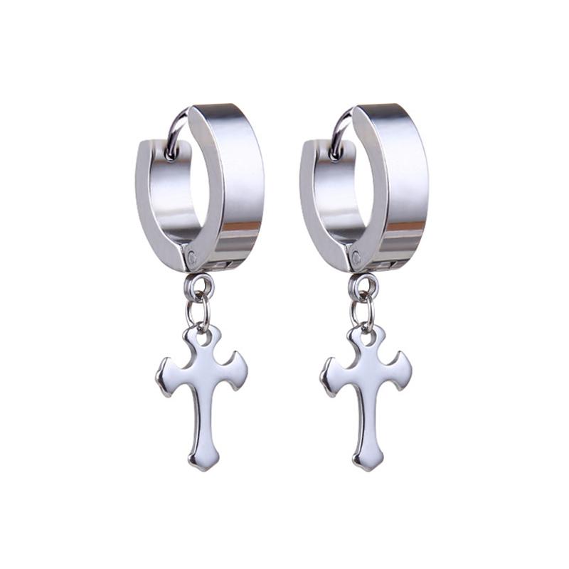 Newest 1 Pair Stainless Steel Cross Pendant Dangle Long Tassel Unisex Hoop Earrings Men/Women Punk Gothic Zircon Best Gifts