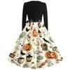 Women's Casual Vintage Halloween Dress V Neck Long Sleeve Bat Print A Line Skirt Retro Style Belted Waist Swing Dress