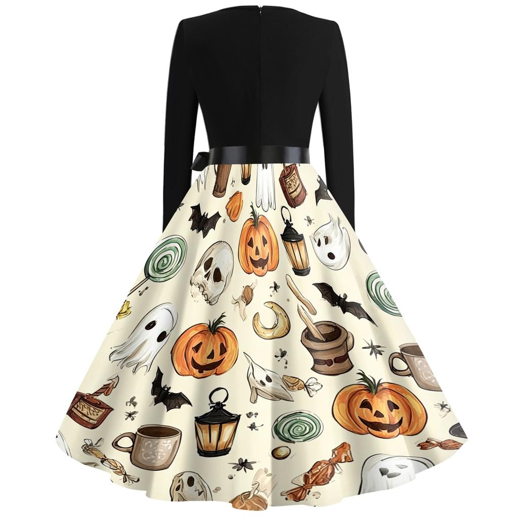 Women's Casual Vintage Halloween Dress V Neck Long Sleeve Bat Print A Line Skirt Retro Style Belted Waist Swing Dress
