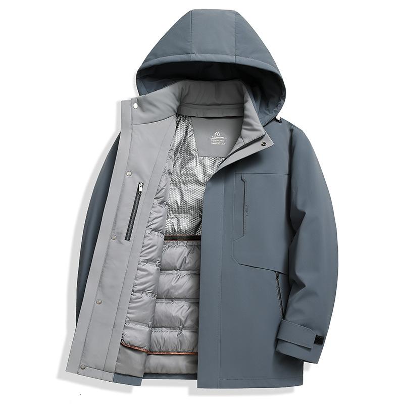 Doudoune Homme Business Casual Tissu Soie Lait Démontable Doudoune Mi-longue à Capuche