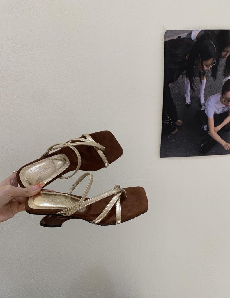 One-word with thick-heeled sandals female 2025 summer new French fairy wind open-toed mid-heeled shoes with skirt Roman shoes