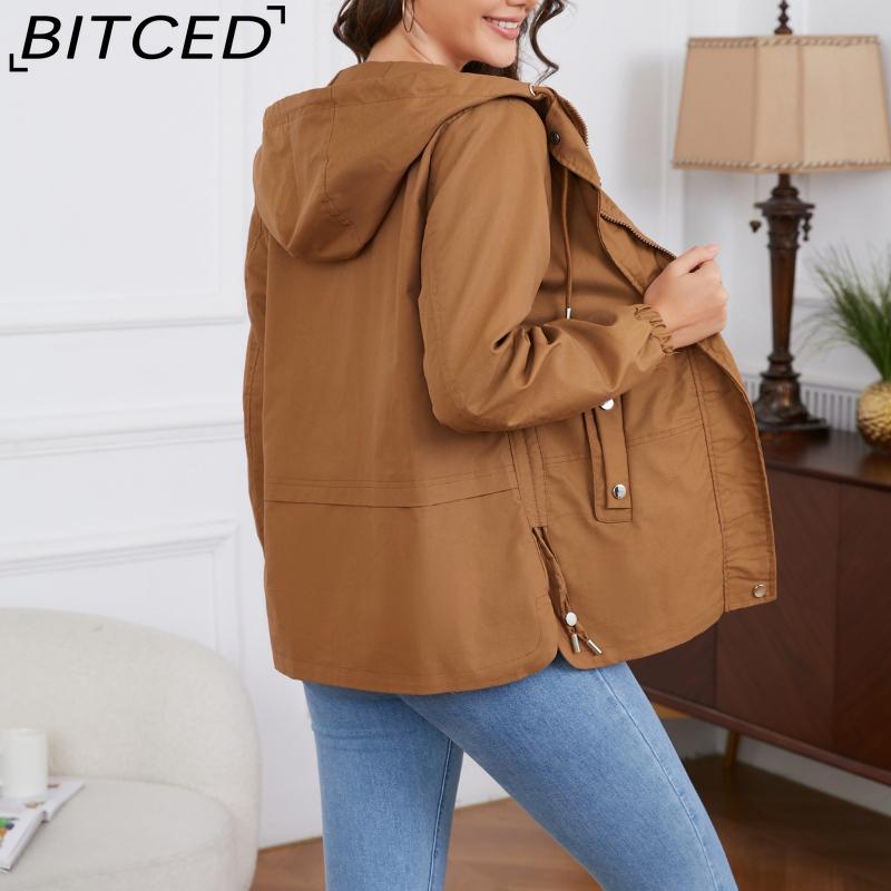 BITCED Spring/Autumn Casual Trench Coat for Women Loose-Fit Windproof Jacket with Hood Long-Sleeved Windbreaker